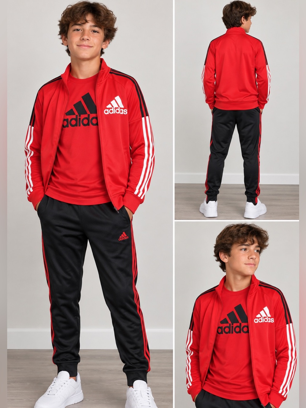 adidas 3-Piece Set XL- Red/Black  Kids  - Logo Tee, Jacket & Track Pant.